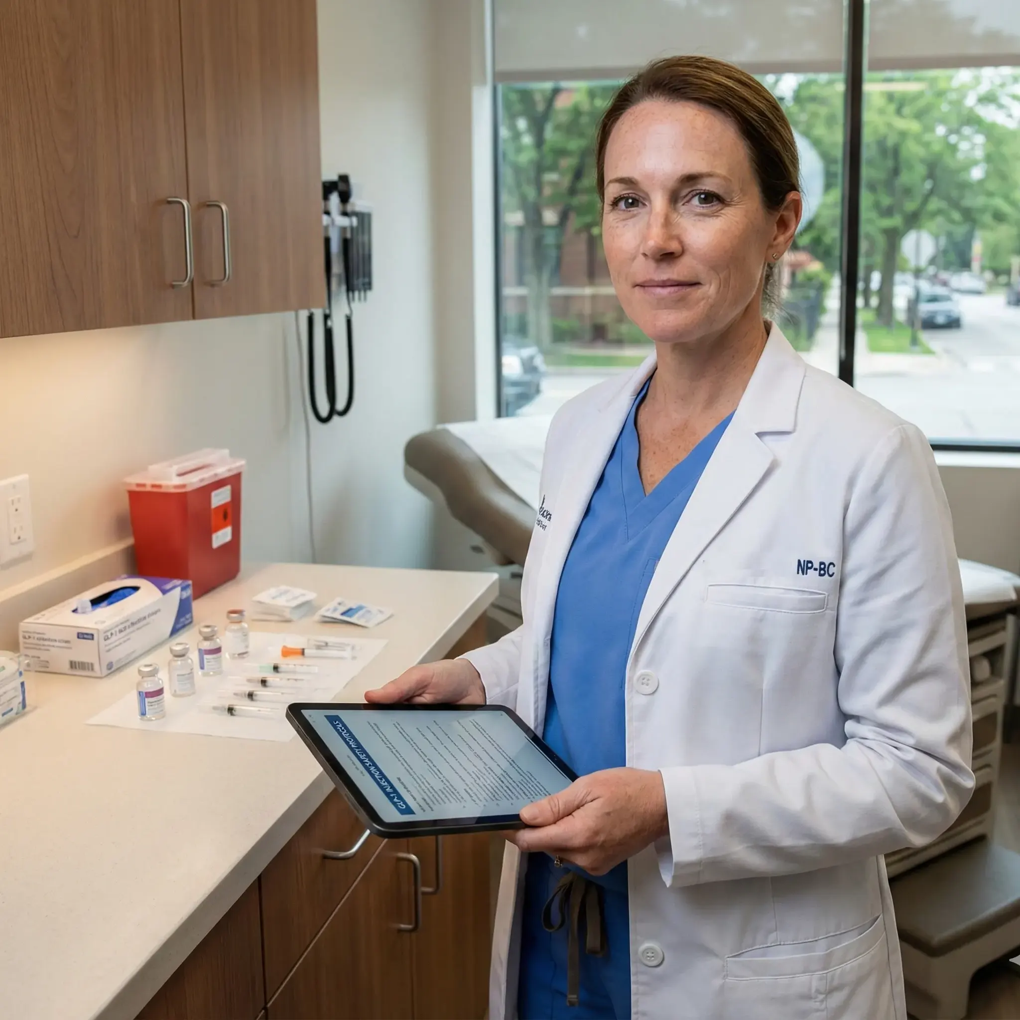 Nurse practitioner reviewing GLP-1 weight loss injection safety protocols in Mt. Greenwood IL.