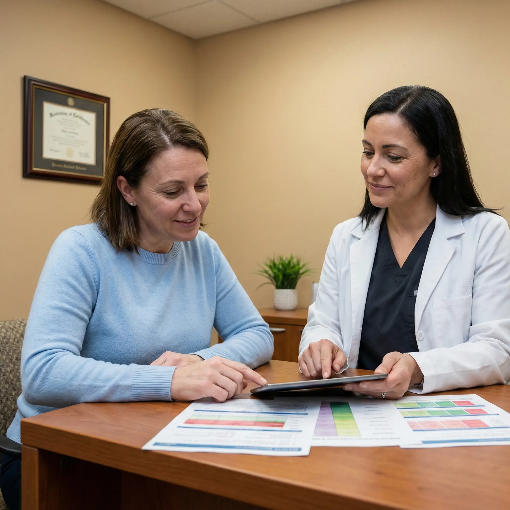 Patient and Nurse Practitioner reviewing weight management progress in a private clinical setting.