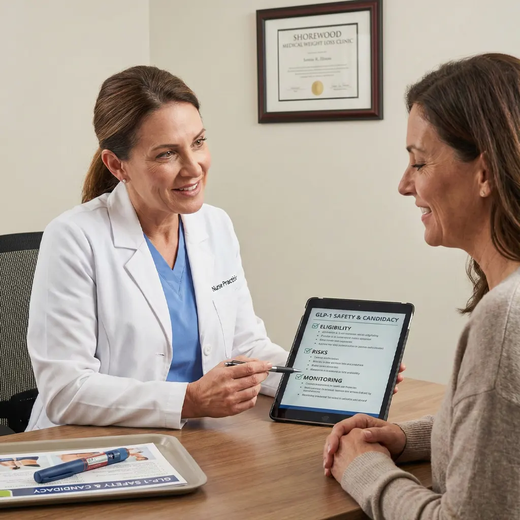 Nurse practitioner discussing medical weight loss eligibility with adult patient during a private consultation at Express Med Spa in La Grange, Illinois