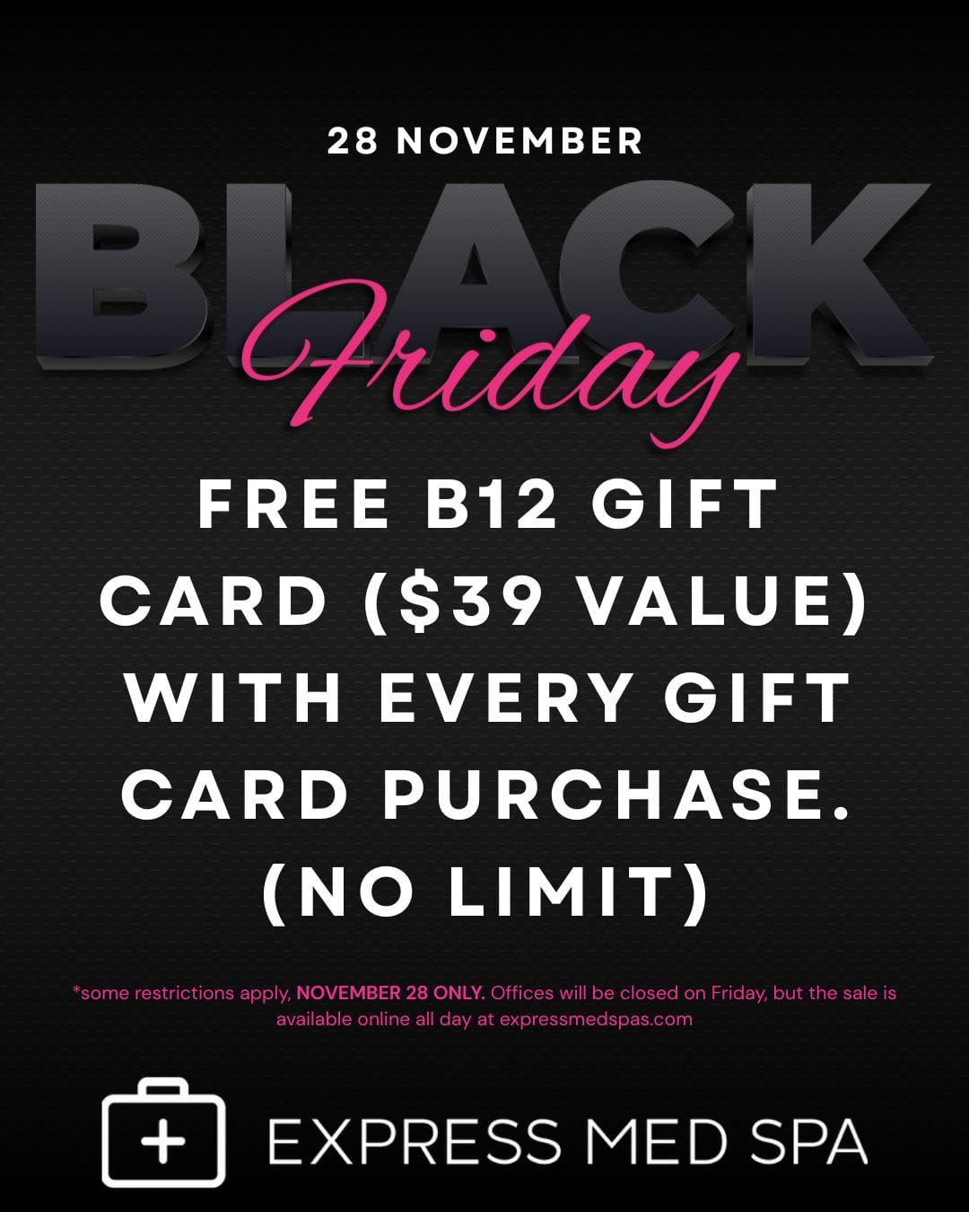 Woman receiving a laser treatment on her shoulder with a pink laser glow and Black Friday sale text for Express Med Spa.