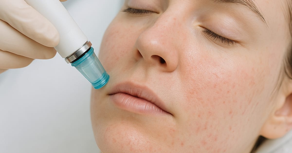 Close-up of a woman receiving a hydrafacial treatment as a specialist uses a blue-tipped device on her cheek and chin to cleanse and exfoliate.