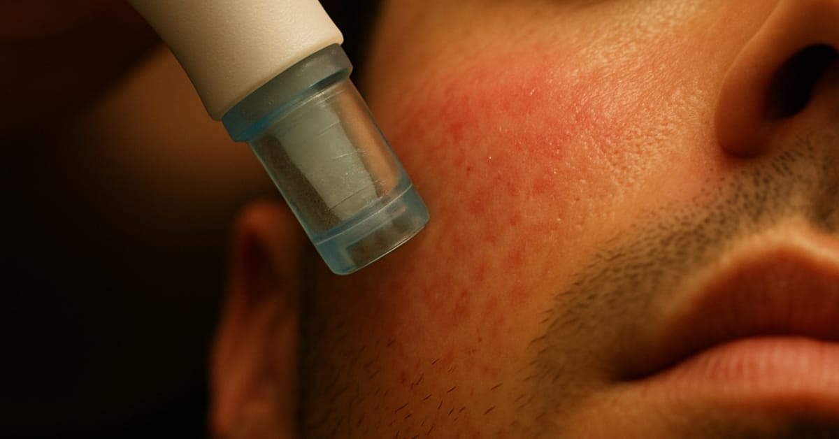 Close-up of a man receiving a hydrafacial treatment as a skincare professional uses a blue-tipped device on his cheek to cleanse and exfoliate.