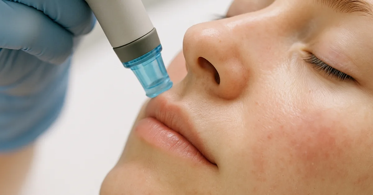 Close-up of a woman receiving a hydrafacial treatment as a specialist uses a blue-tipped hydradermabrasion device around her lips and chin area.