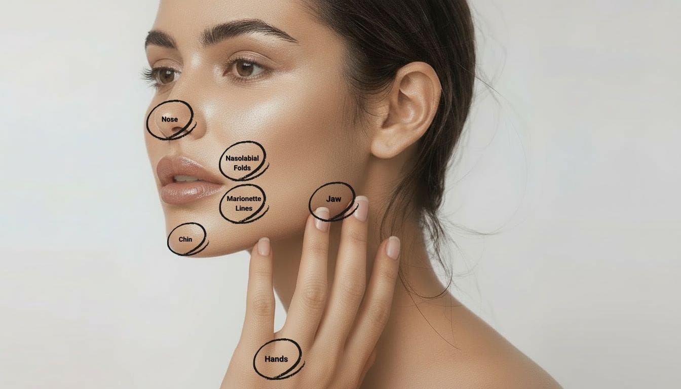 Radiesse filler treatment areas including cheeks, marionette lines, chin, and hands at Express Med Spa Chicago Mount Greenwood.