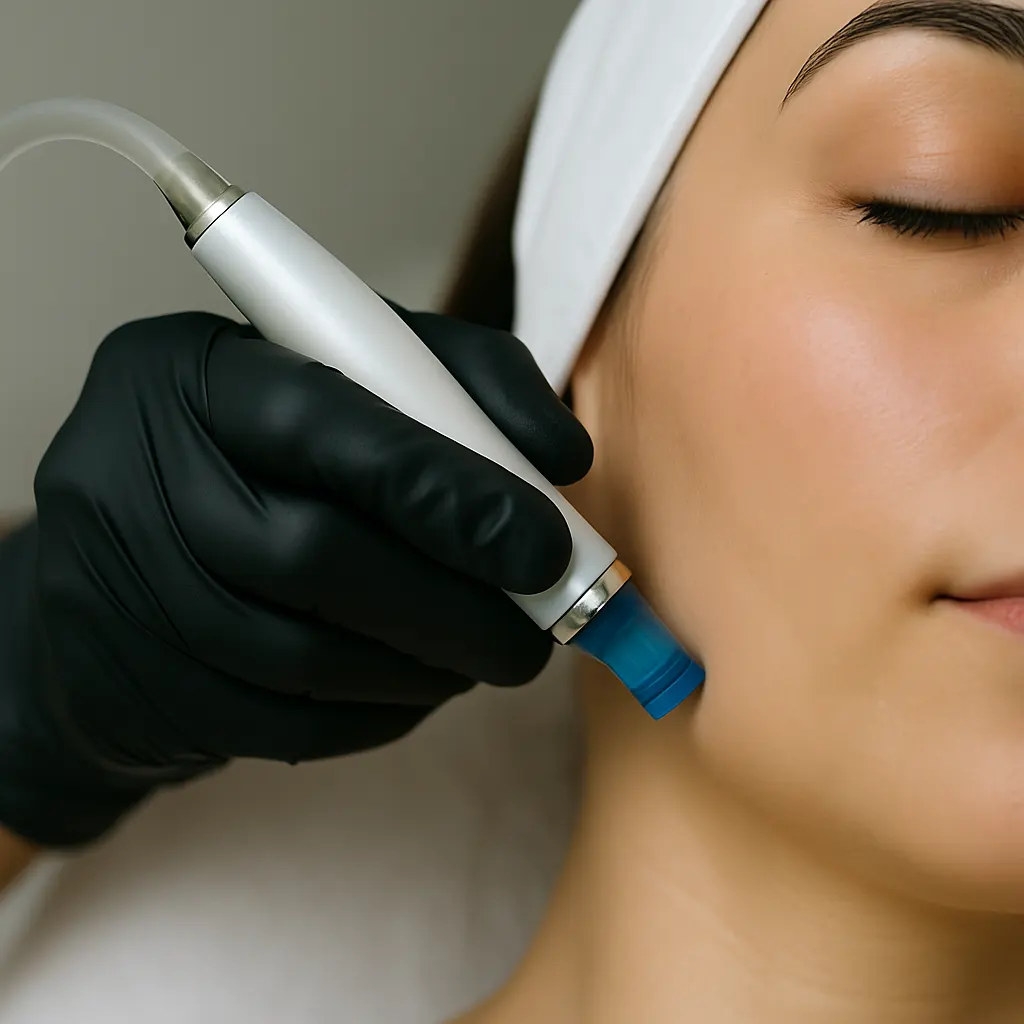 AquaFacial treatment at Express Med Spa La Grange with device gently applied to the cheek for hydration and skin renewal.