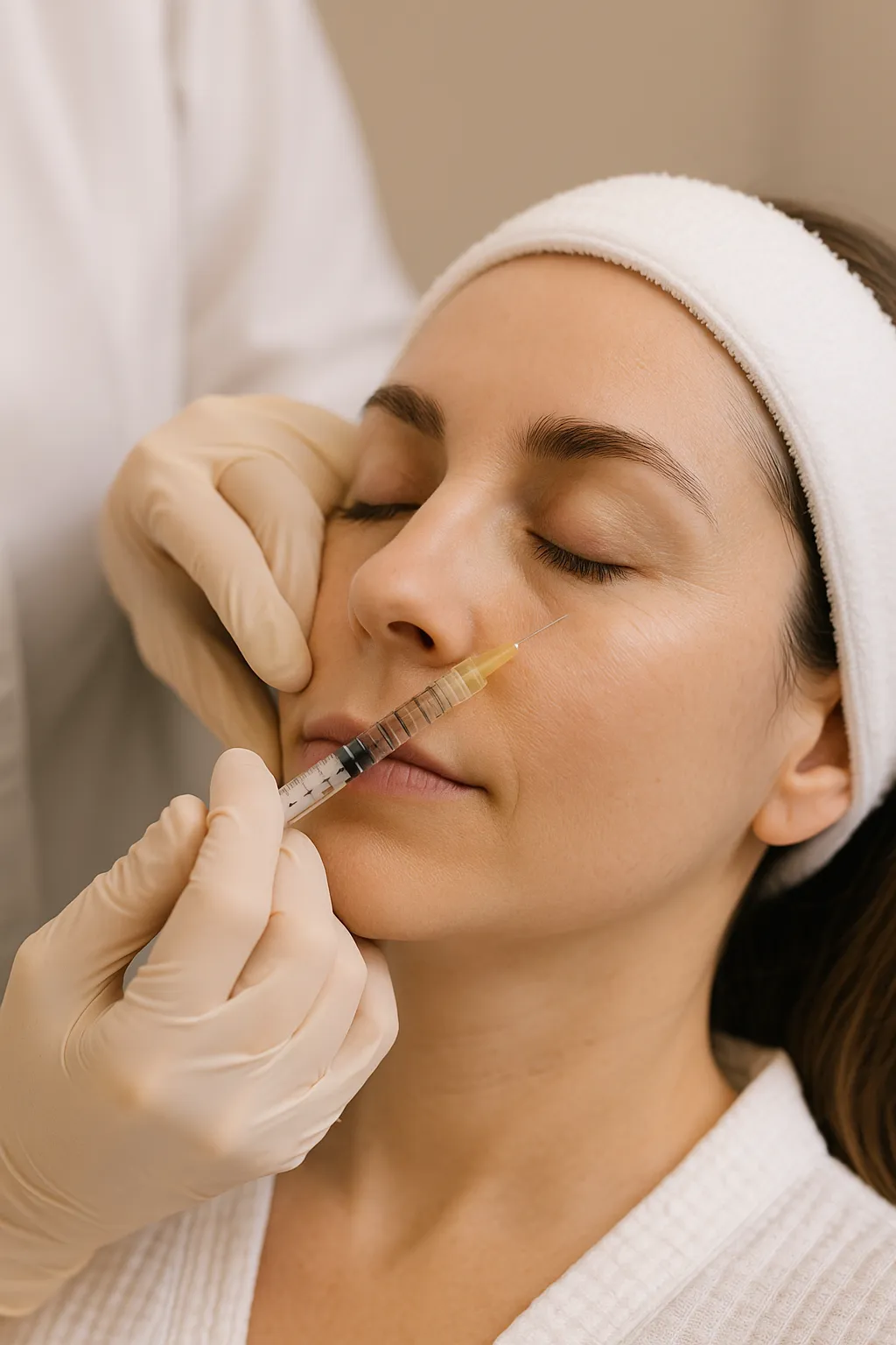Client receiving under-eye Belotero filler injection in a calm, clinical setting