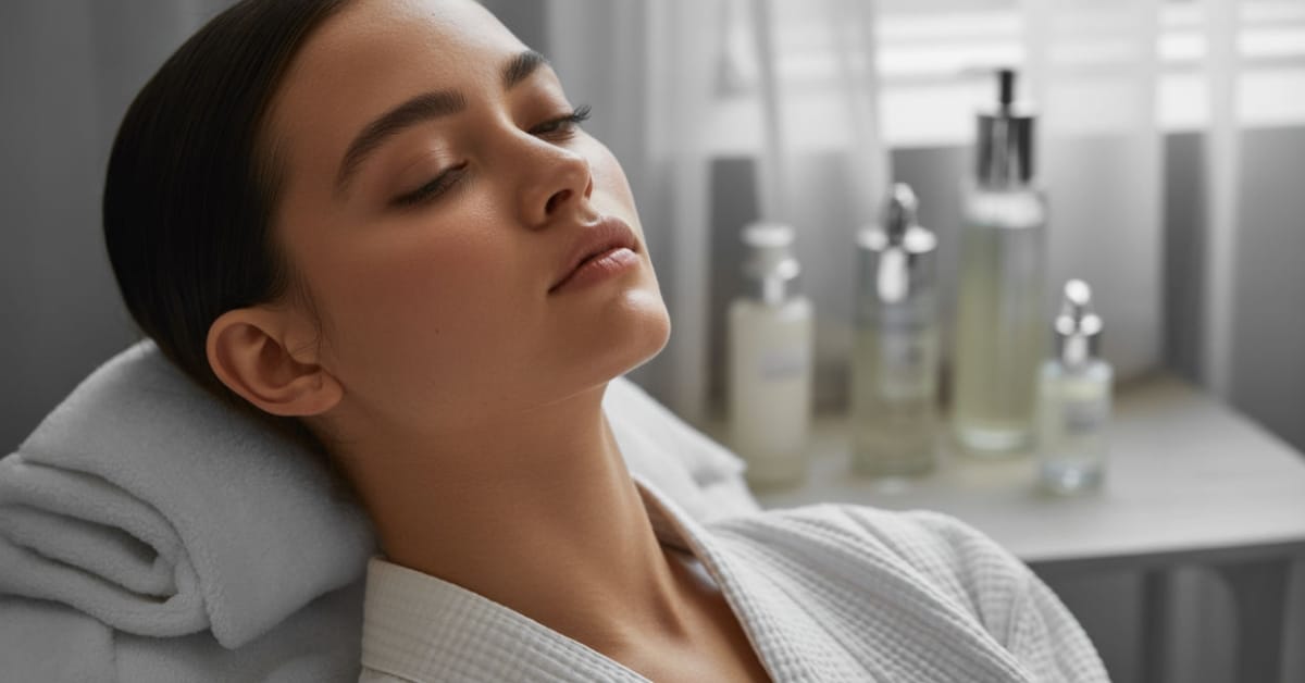 Woman relaxing with eyes closed in a spa setting, wearing a white robe and resting on folded towels with skincare products in the background.
