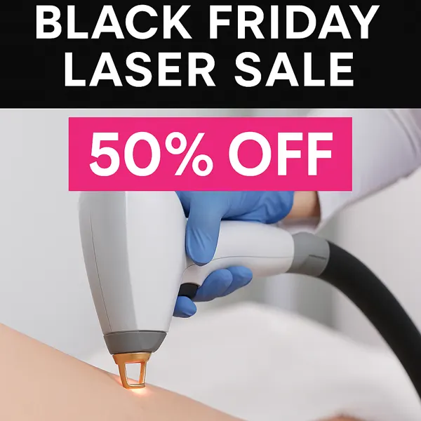 Black Friday laser sale showing a laser device with a bold 50% off banner at Express Med Spa for limited-time savings.