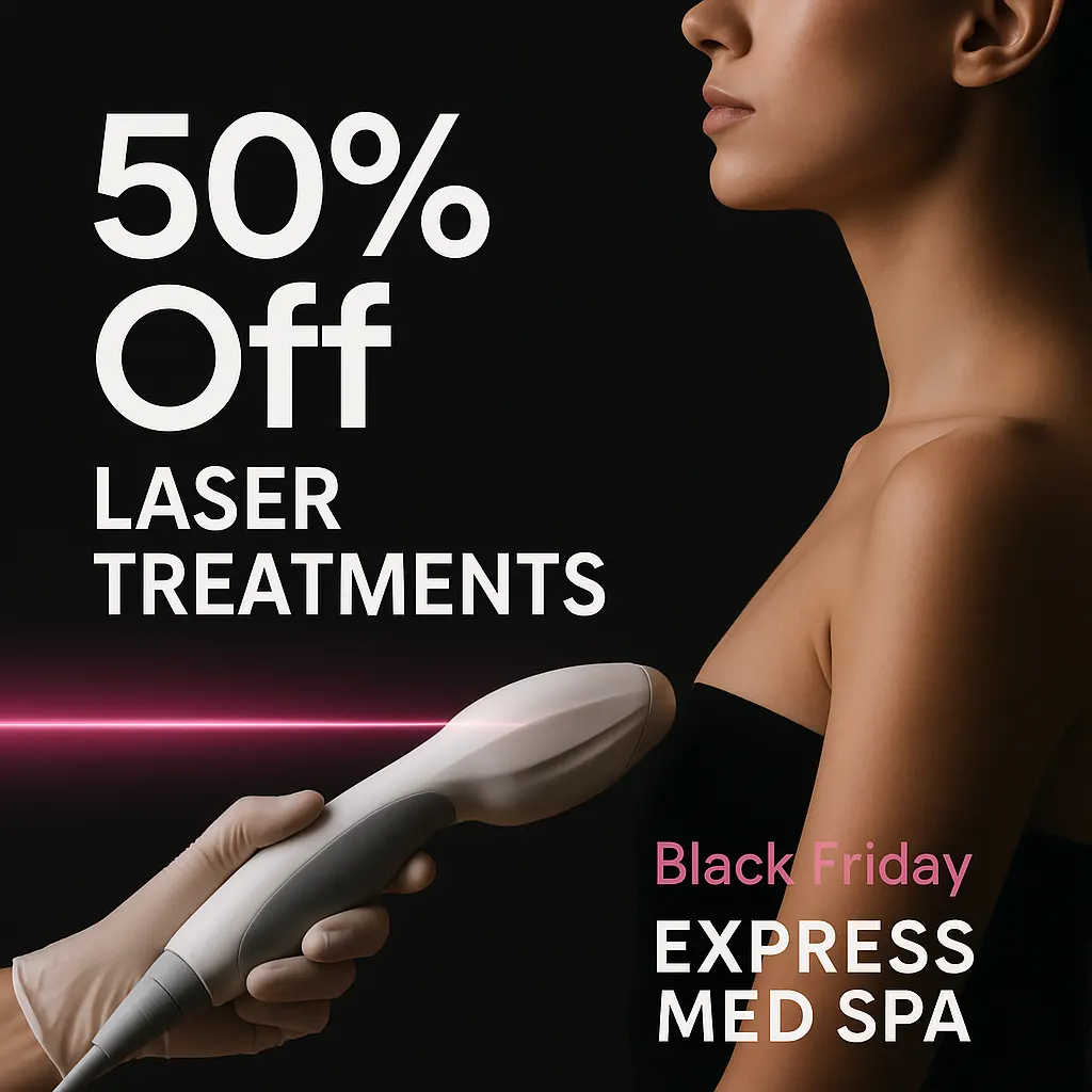 Woman receiving a laser treatment on her shoulder with a pink laser glow and Black Friday sale text for Express Med Spa.