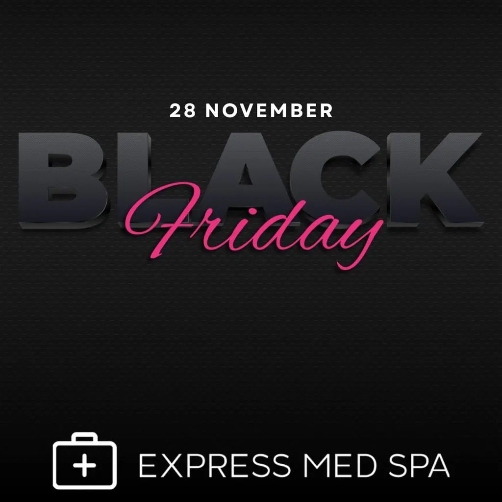 Black Friday graphic with the text “28 November” and bold black and pink lettering on a textured dark background for Express Med Spa.