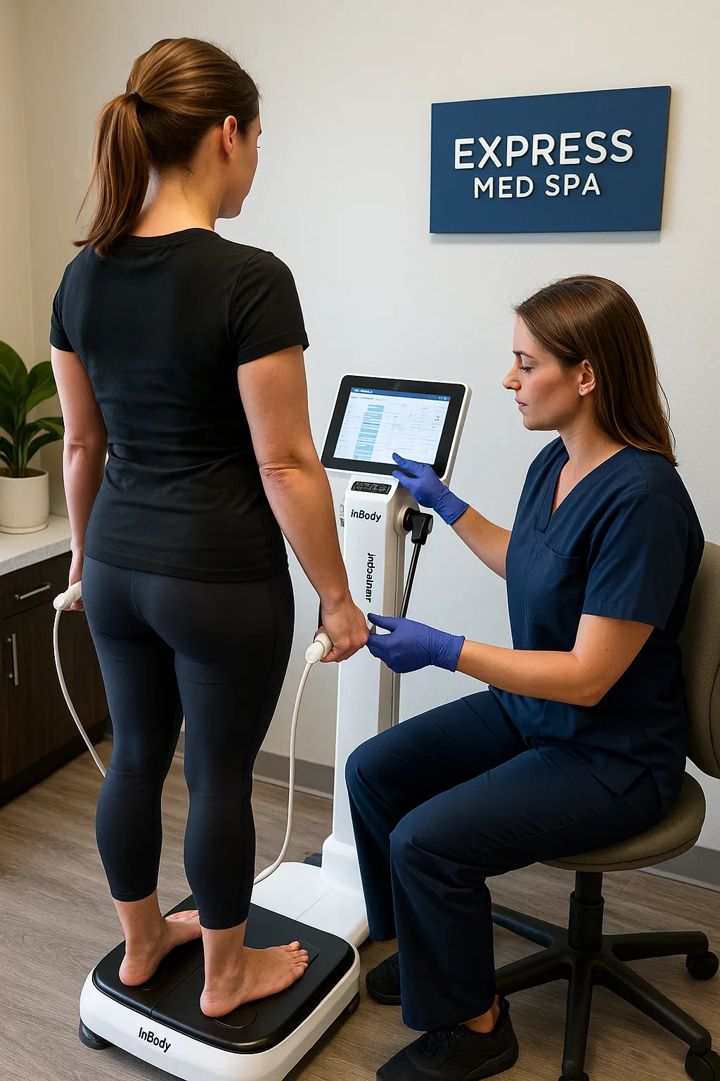 Nurse guiding a patient through body composition scan at Express Med Spa