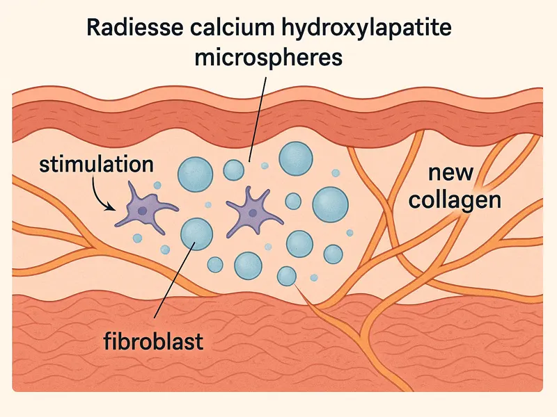Illustration showing Calcium Hydroxylapatite microspheres from Radiesse stimulating collagen beneath the skin for natural volume restoration and smoother, firmer texture.