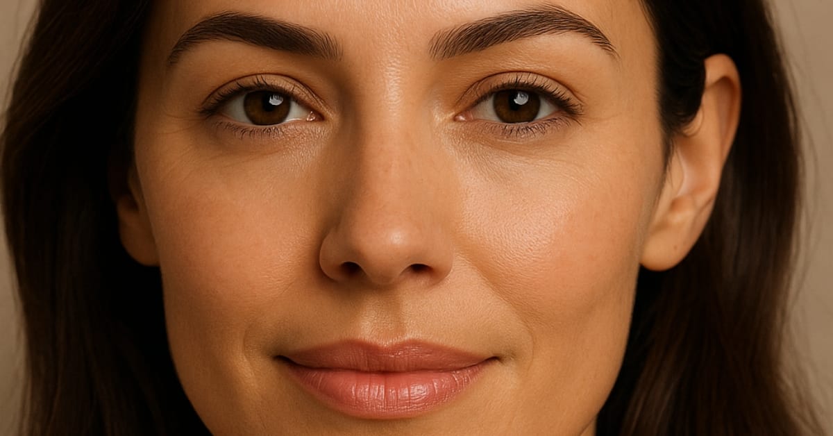 Close-up of a woman’s face with smooth skin, representing natural cosmetic treatment results.