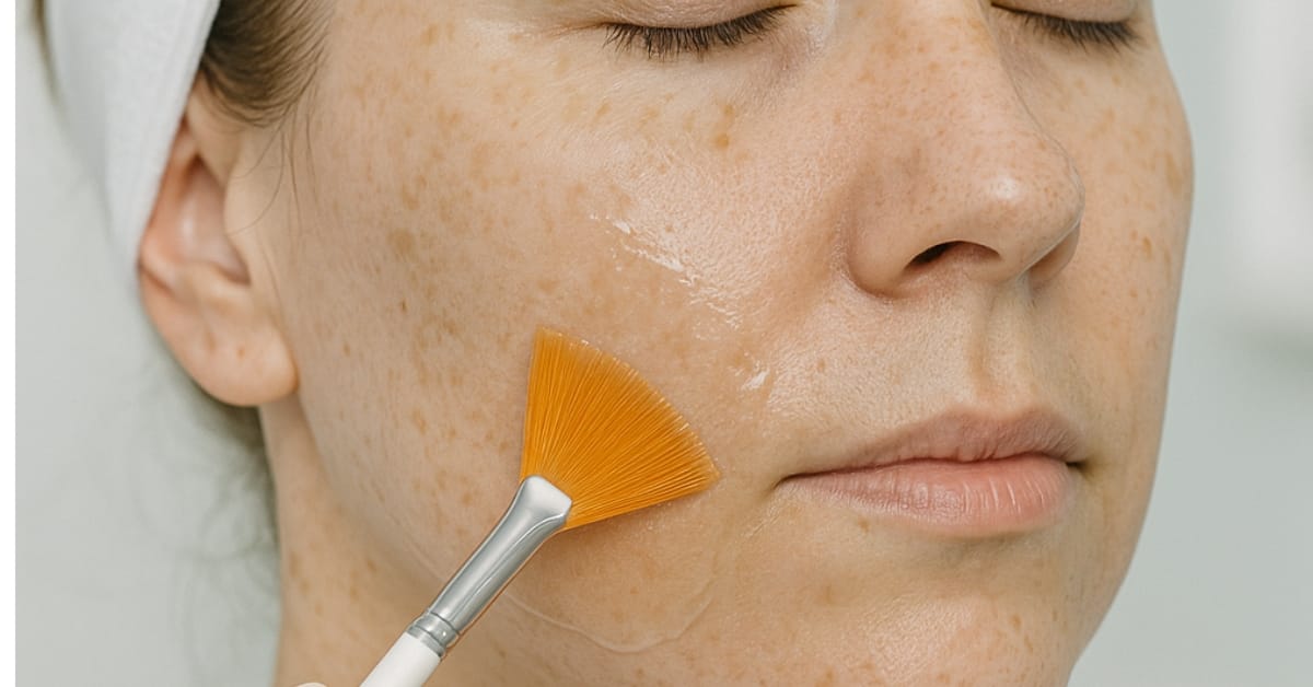 Woman receiving a professional facial treatment with a soft brush applying a clear mask to her cheek in a spa setting.