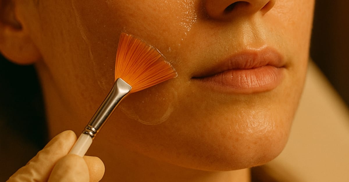 Woman receiving a professional facial treatment with a soft brush applying a skincare mask to her cheek.