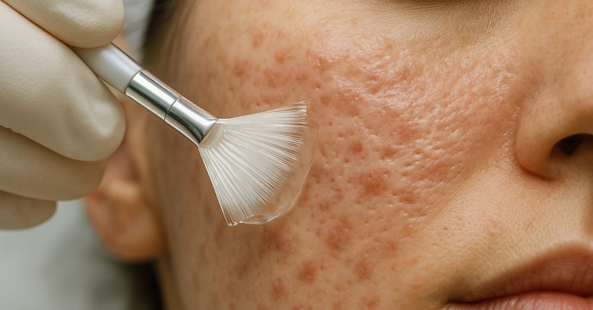 Close-up of chemical peel application on acne-prone skin