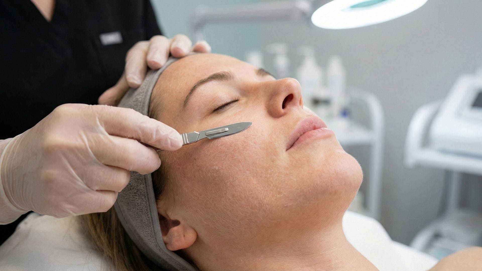 Gloved clinician performing a laser treatment on the leg in a clean medical spa room with soft holiday décor in the background at Express Med Spa.