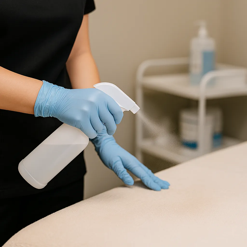 Gloved hands disinfecting a spa treatment table at Express Med Spa Mount Greenwood