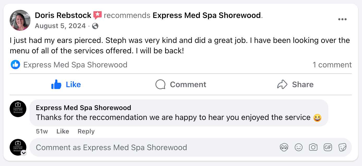 Facebook review for Express Med Spa La Grange praising staff and beauty service offerings ear piercing review