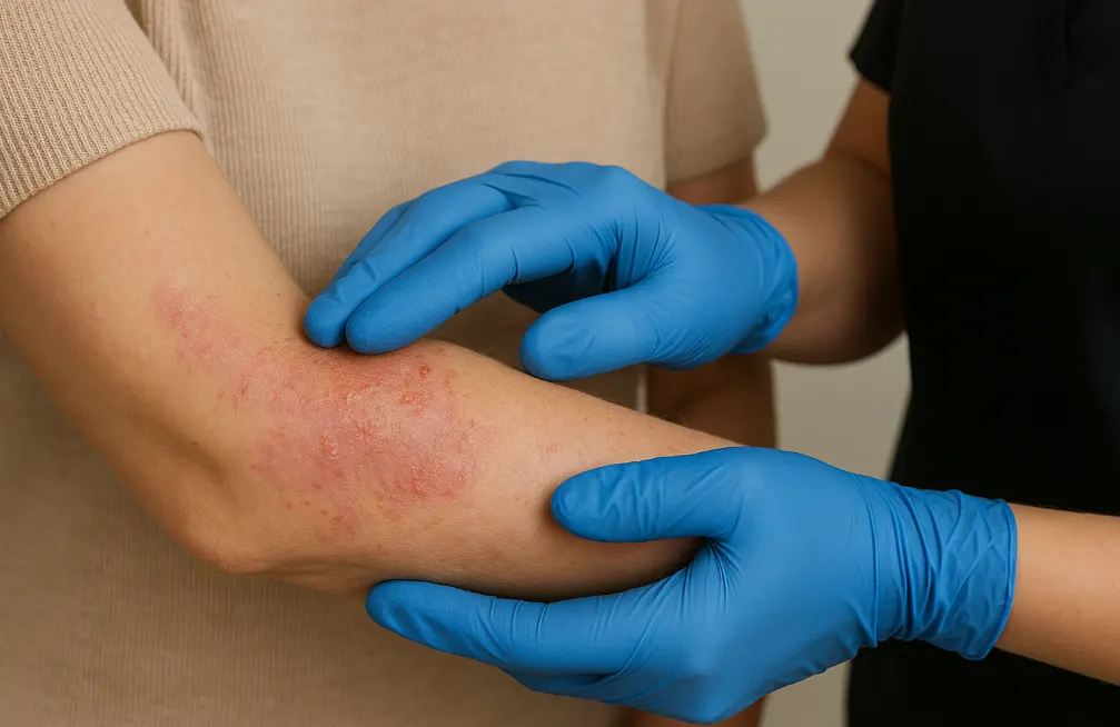 Healthcare provider in black uniform examining eczema on patient’s forearm