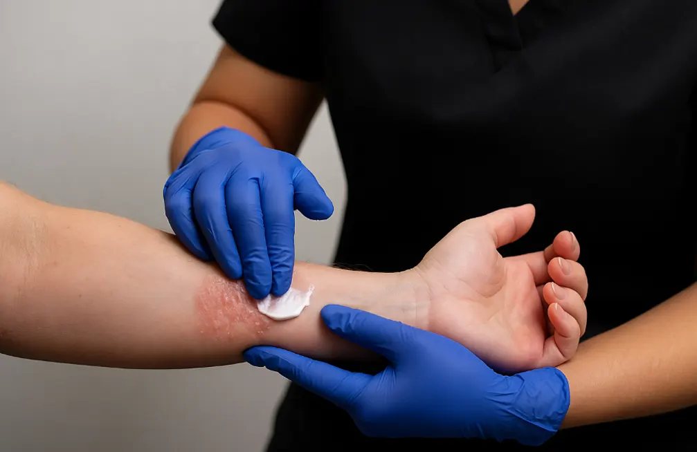 Gloved medical provider applying cream to eczema-affected skin on patient’s arm