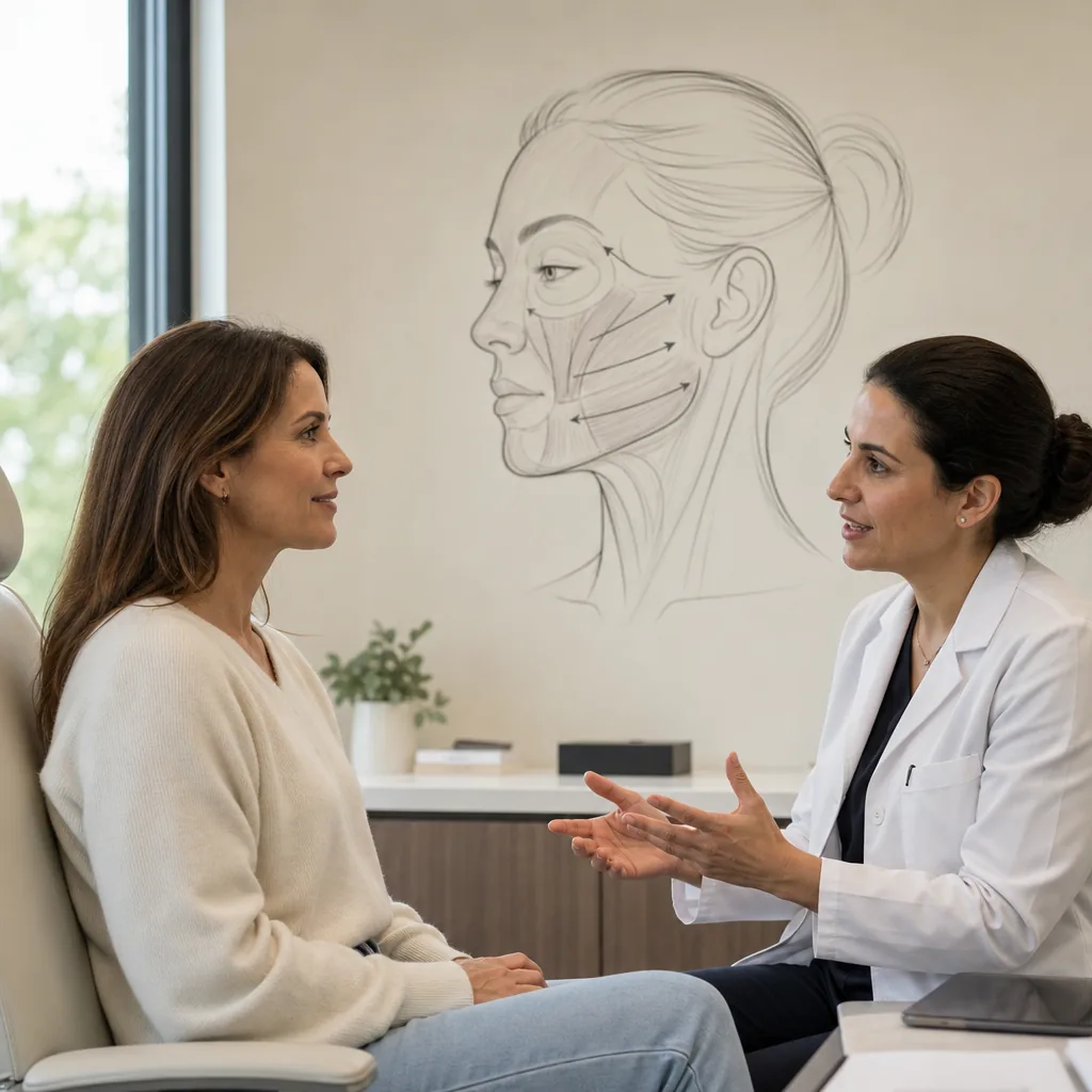Two women review lower facial muscle diagrams at an aesthetic consultation table.