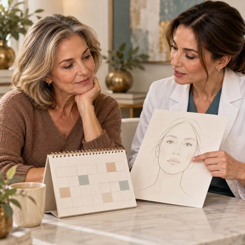 AI illustration of a woman and clinician reviewing a face drawing beside an unnumbered calendar.