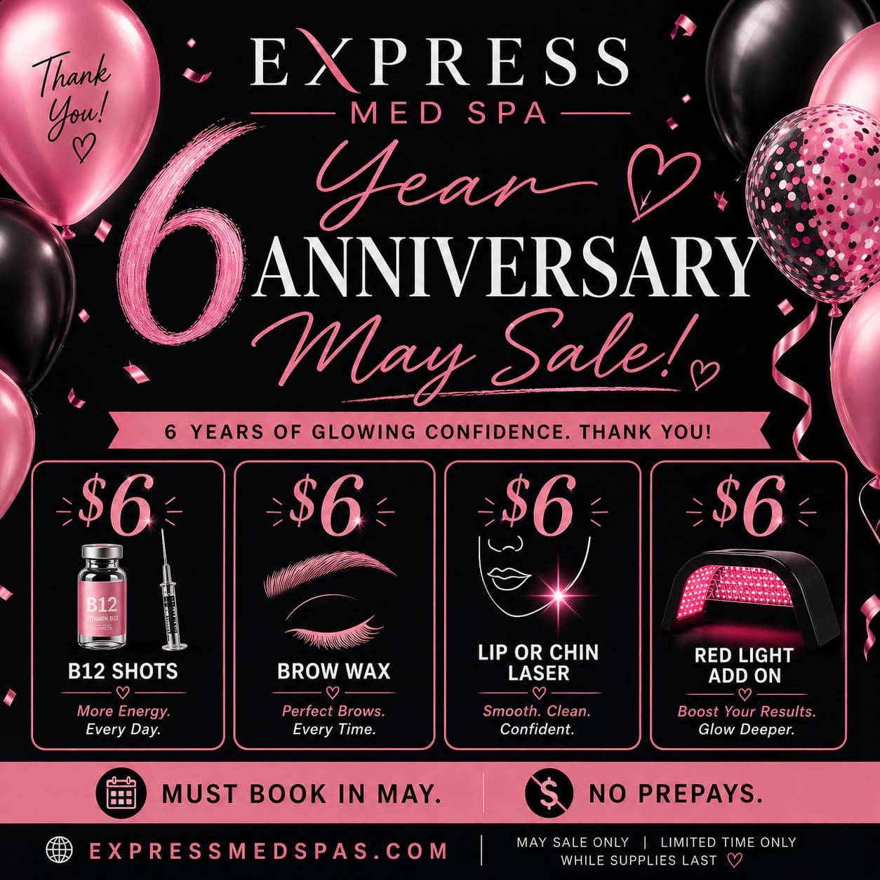 Express Med Spa May anniversary sale graphic for B12 shots, brow wax, lip or chin laser, and red light add-on
