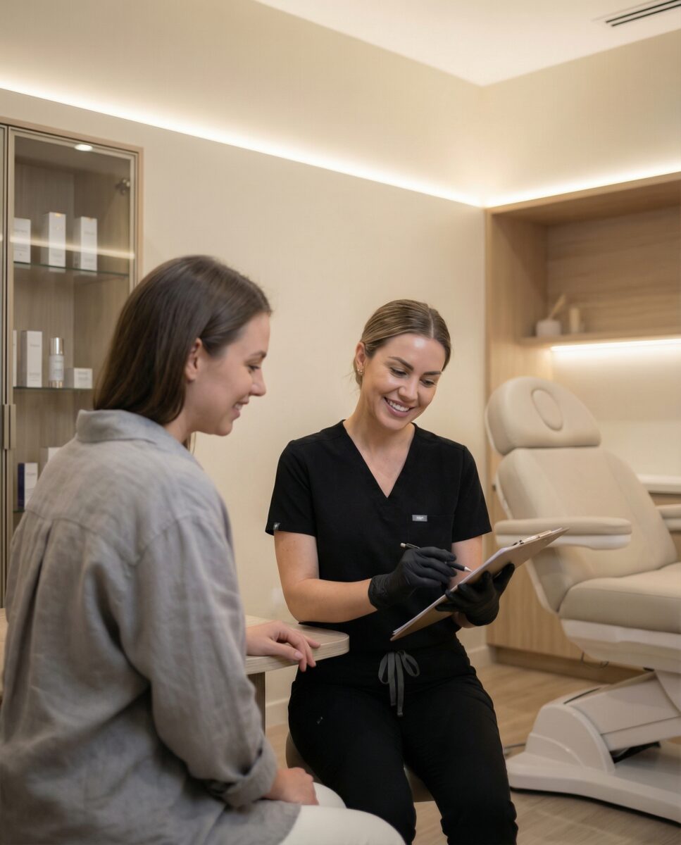 Aesthetic nurse reviewing a treatment plan with a patient during a personalized consultation at Express Med Spa
