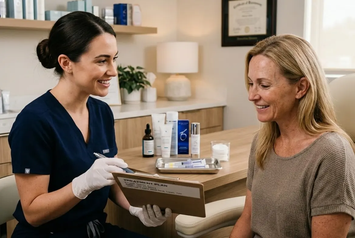 Nurse practitioner reviewing post treatment instructions with a patient after Botox Alternatives & Neurotoxin Injections at Express Med Spa in La Grange, Illinois.