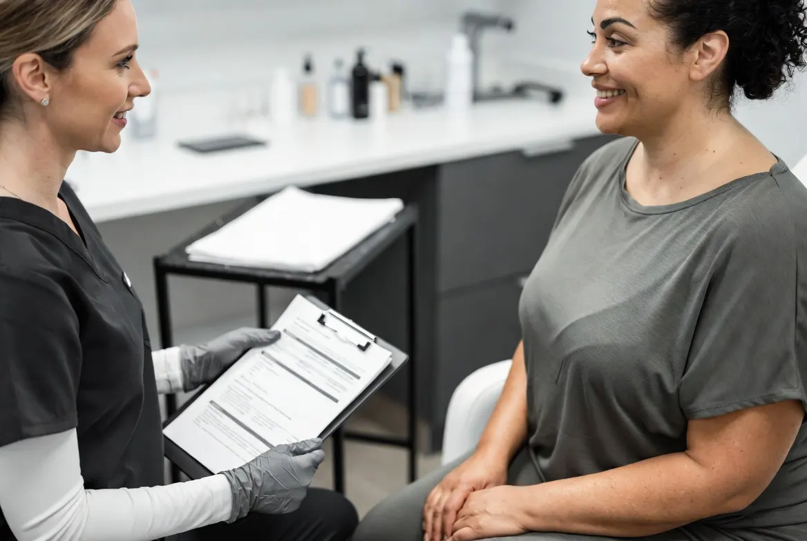 Nurse practitioner reviewing treatment pricing and details with a patient during a neurotoxin consultation at Express Med Spa in La Grange, Illinois.