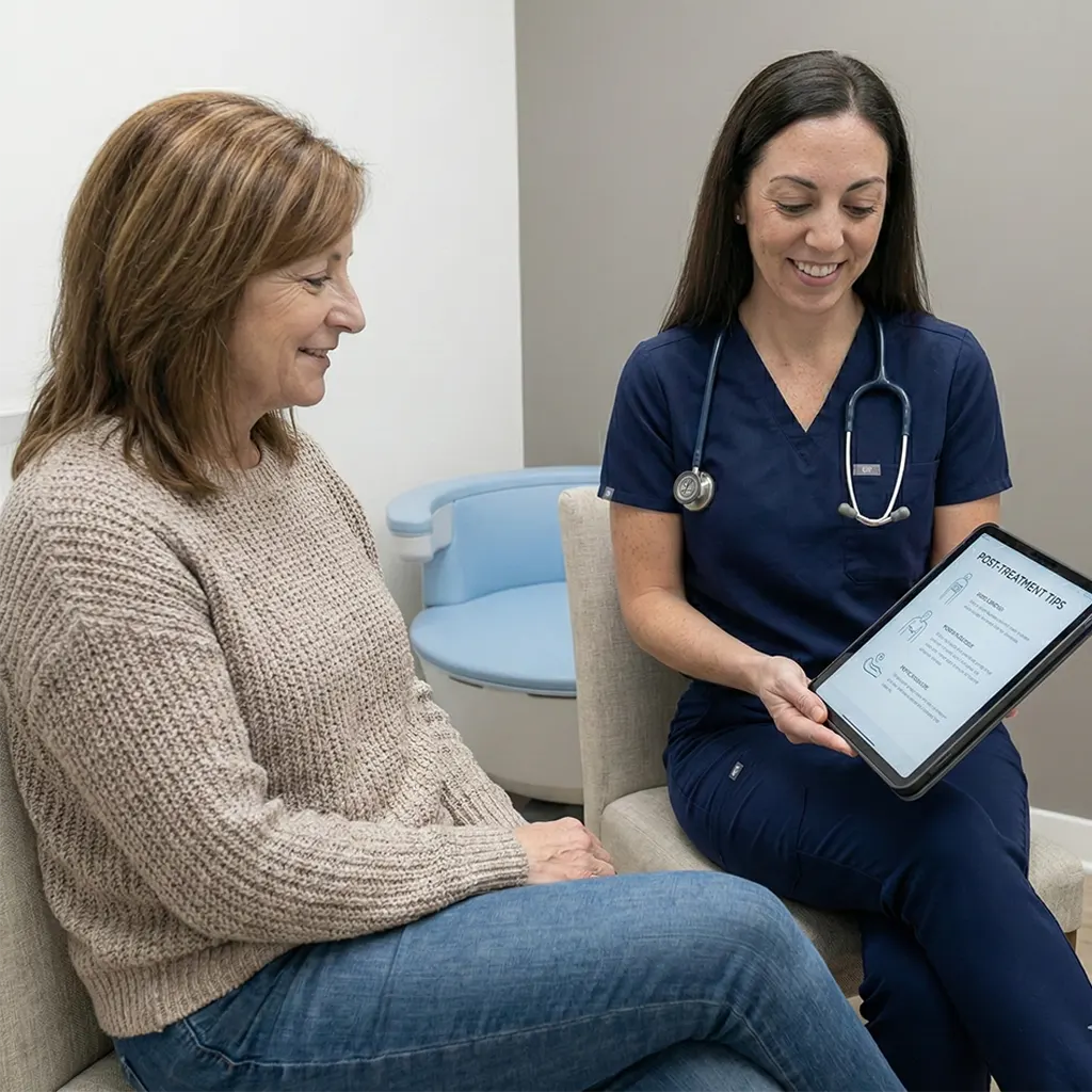 A nurse practitioner reviewing Emsella aftercare guidance with a female patient in a private treatment room at Express Med Spa in Mt Greenwood, Chicago, IL.