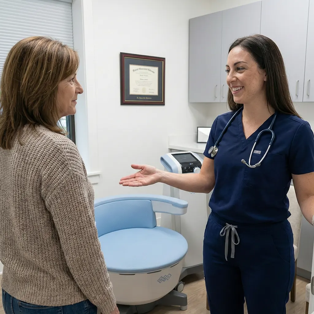 Nurse consulting with patient about Revanesse Versa Plus filler treatment at Express Med Spa Mount Greenwood Chicago