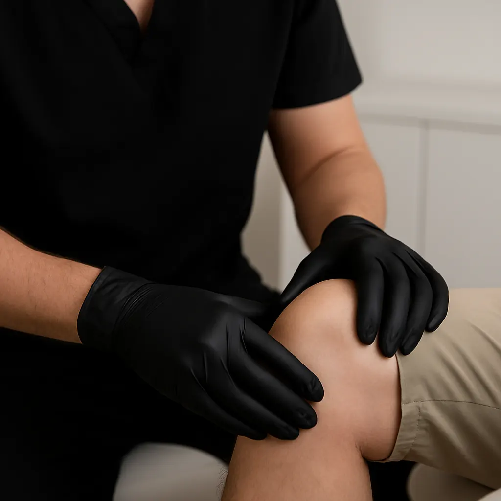 Clinician gently assessing a patient’s knee during a supportive joint care visit at Express Med Spa La Grange.
