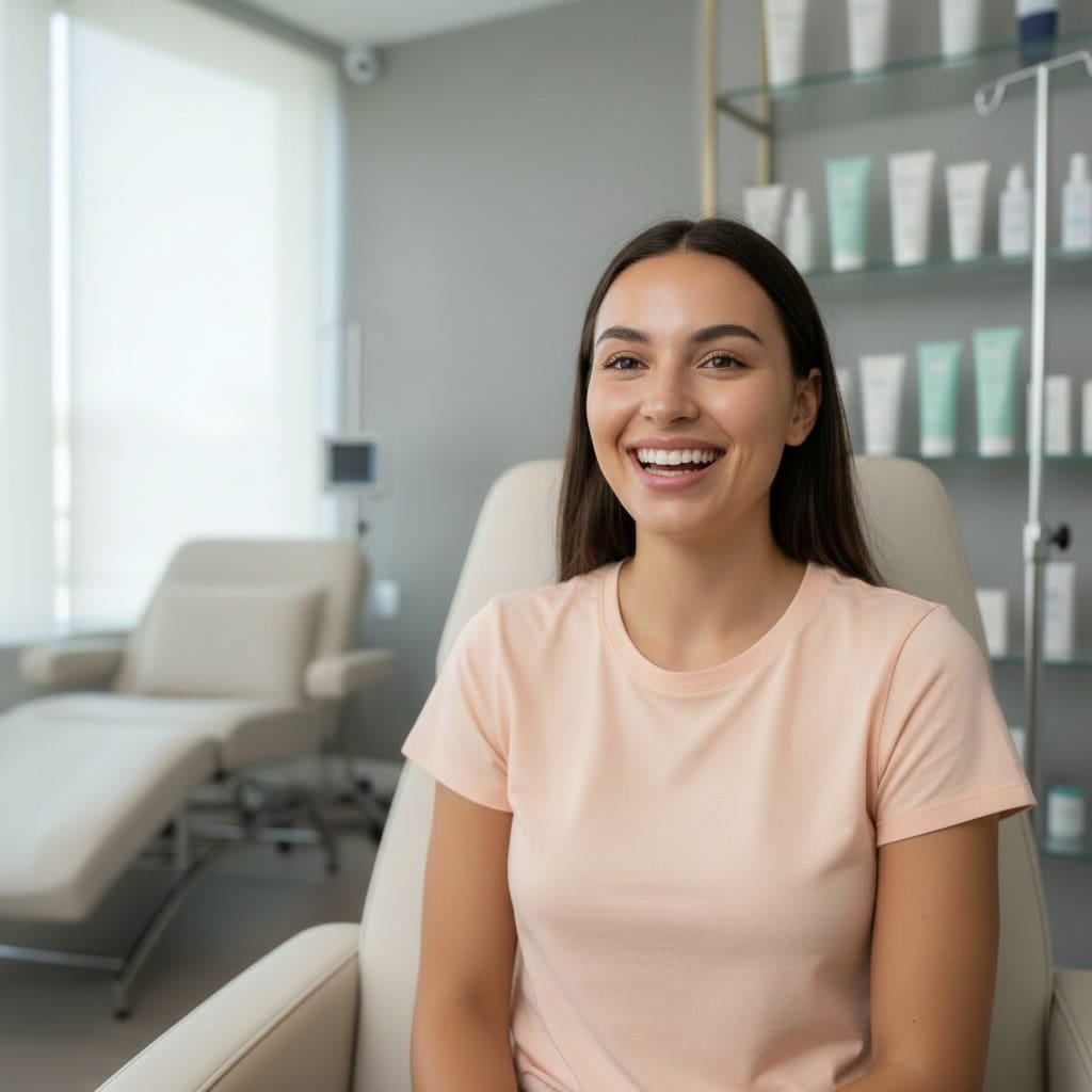 Smiling patient feeling light, thankful, and restored after vitamin B-12 and B Complex immunity shots at Express Med Spa Shorewood.