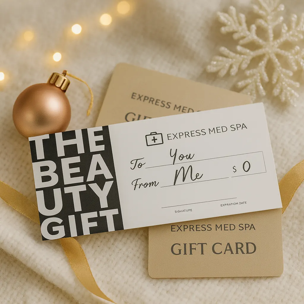 Express Med Spa holiday gift cards displayed with soft festive décor, warm lights, and elegant ribbon for a seasonal wellness gifting experience.