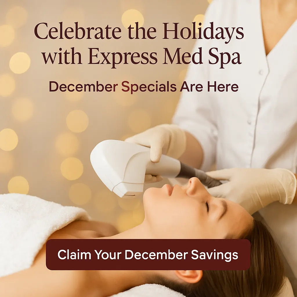 Clinician performing a gentle IPL jawline treatment at Express Med Spa with warm festive holiday lights softly glowing in the background.