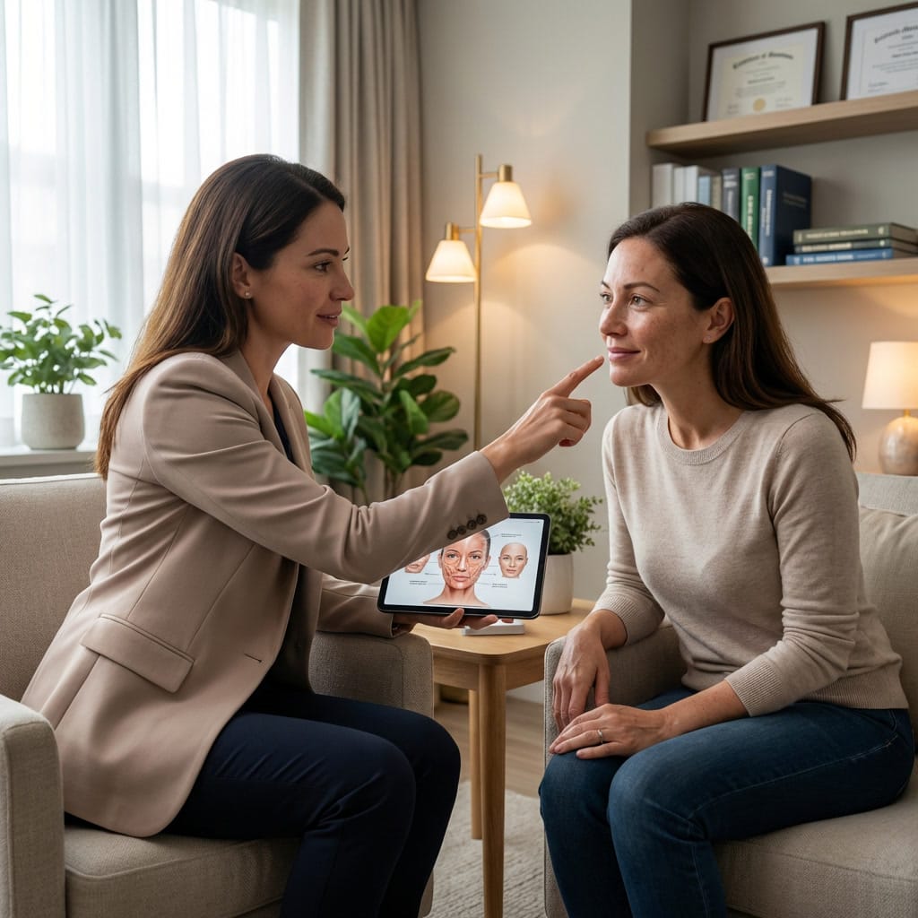 Injector consulting with patient about dermal filler options