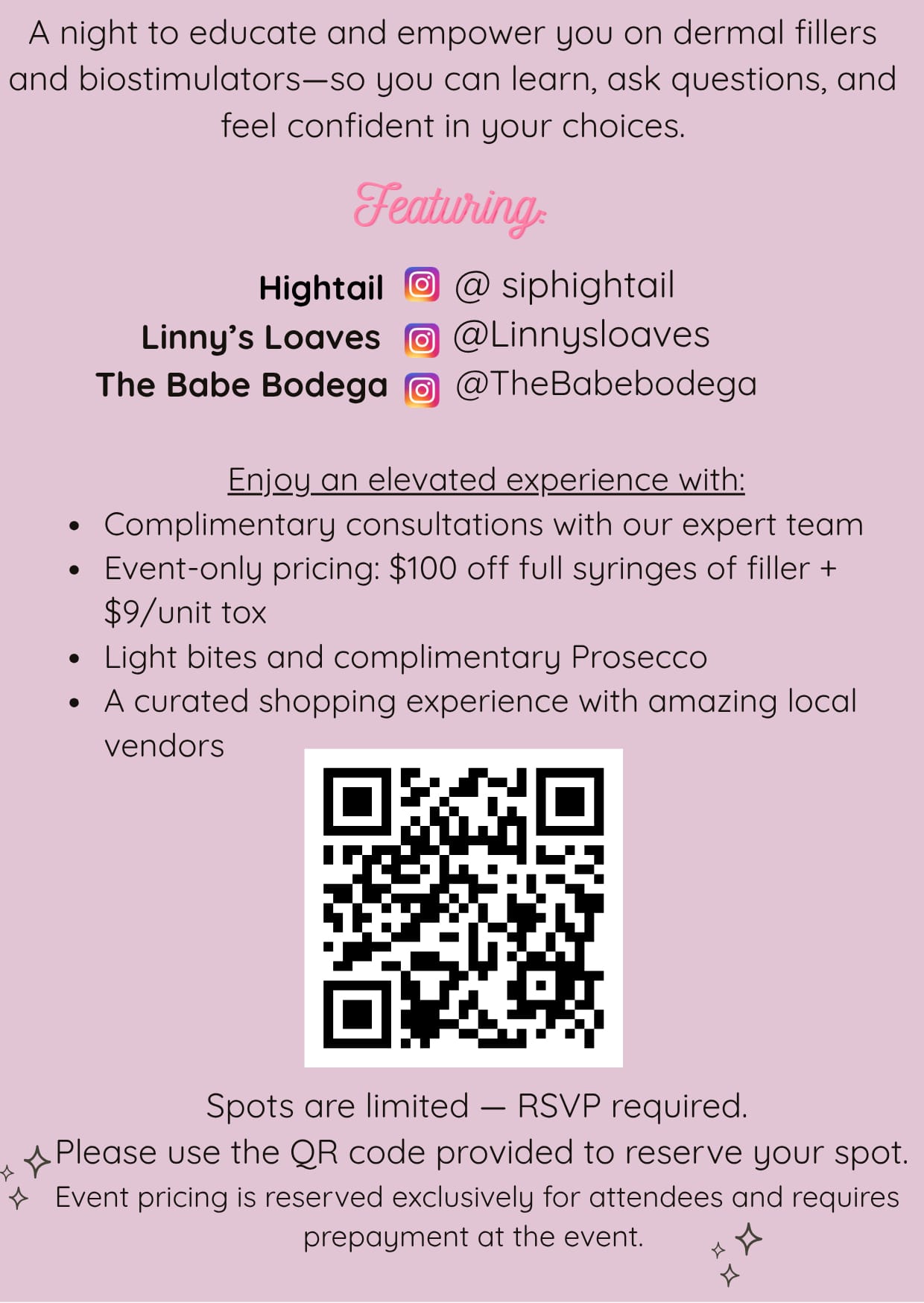 Dermal filler event flyer with QR code for La Grange aesthetic consultation event