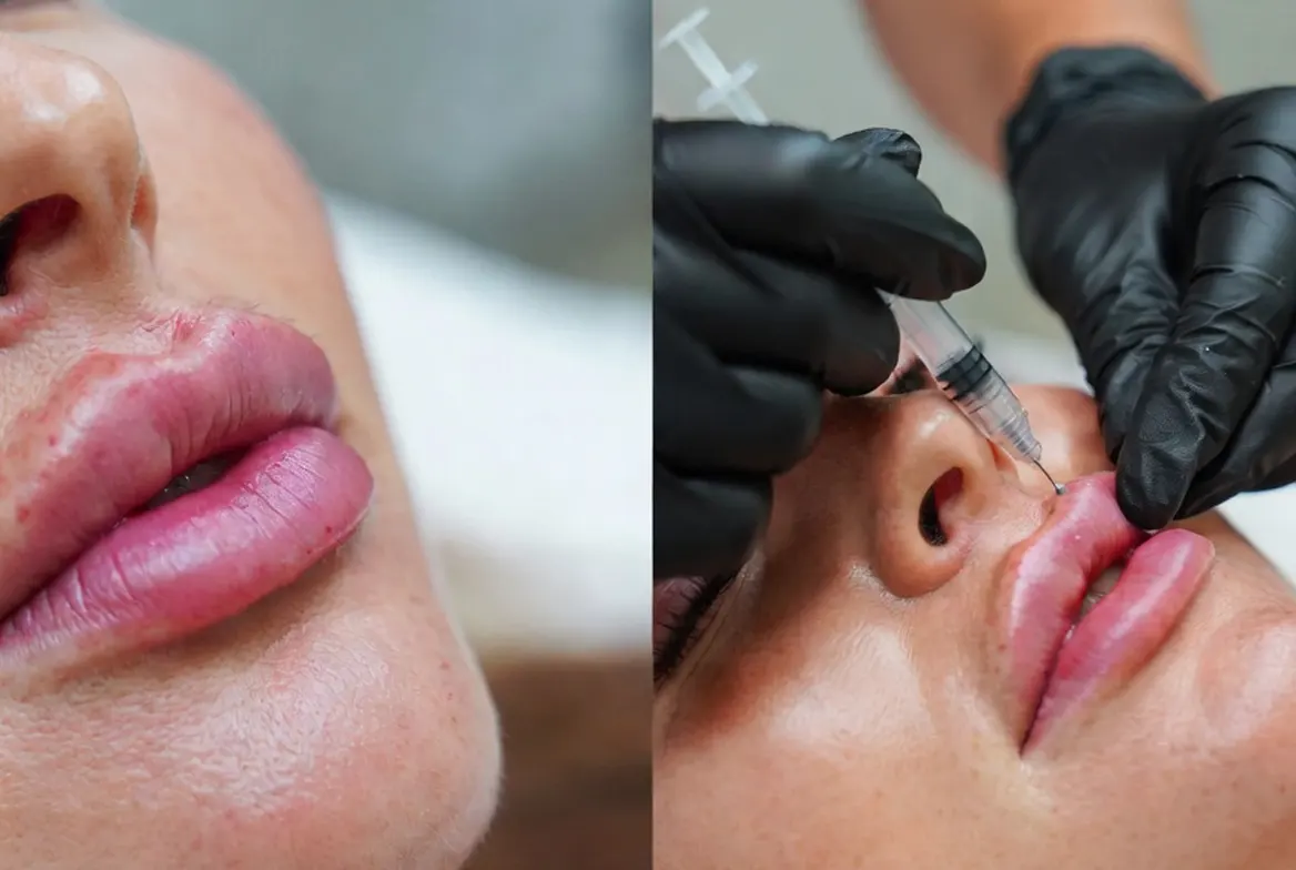 Upper lip close-up and provider performing a lip flip injection at Express Med Spa