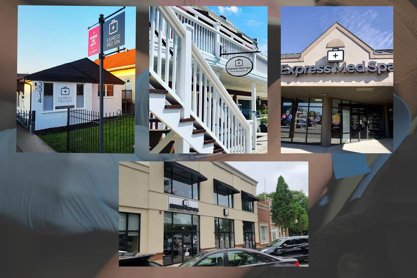 Four Express Med Spa clinic locations in Illinois including Frankfort, Chicago, La Grange, and Shorewood with storefront photos and regional highlights