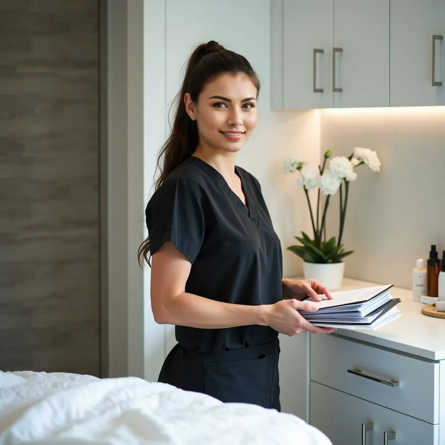 Medical assistant organizing treatment materials in clinical aesthetic setting