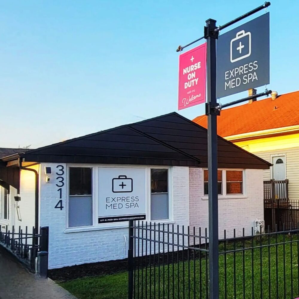 Exterior of Express Med Spa Mount Greenwood Chicago Illinois with nurse on duty sign