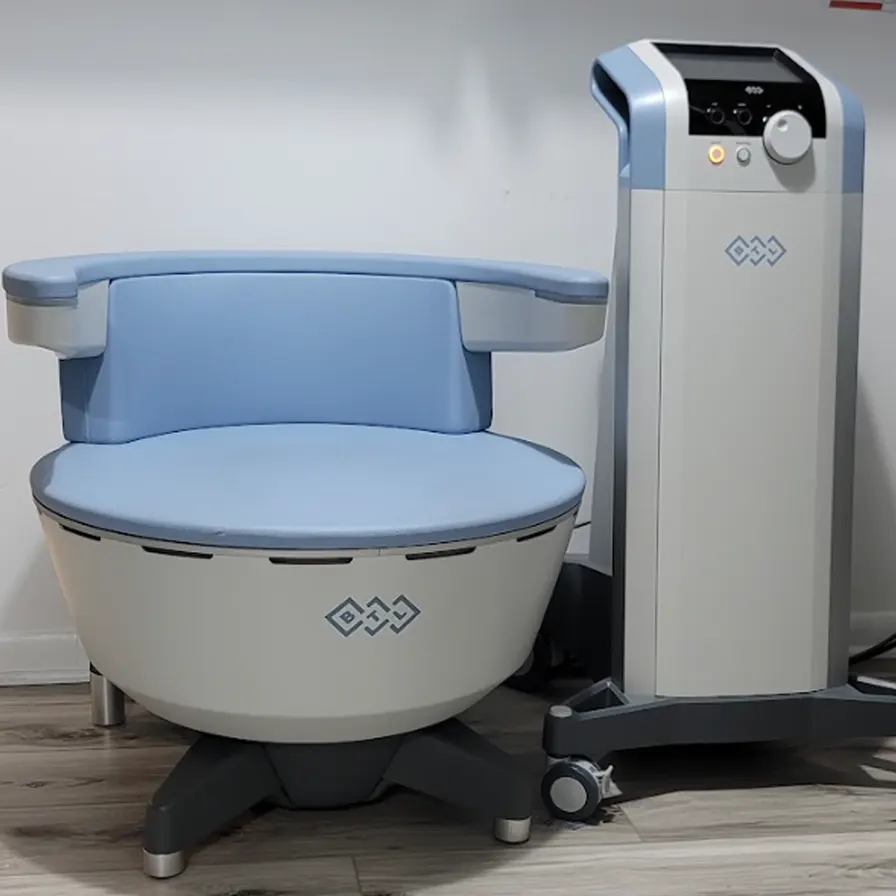 Emsella® chair and control unit at Express Med Spa Mount Greenwood, ready for non-invasive pelvic floor therapy sessions.