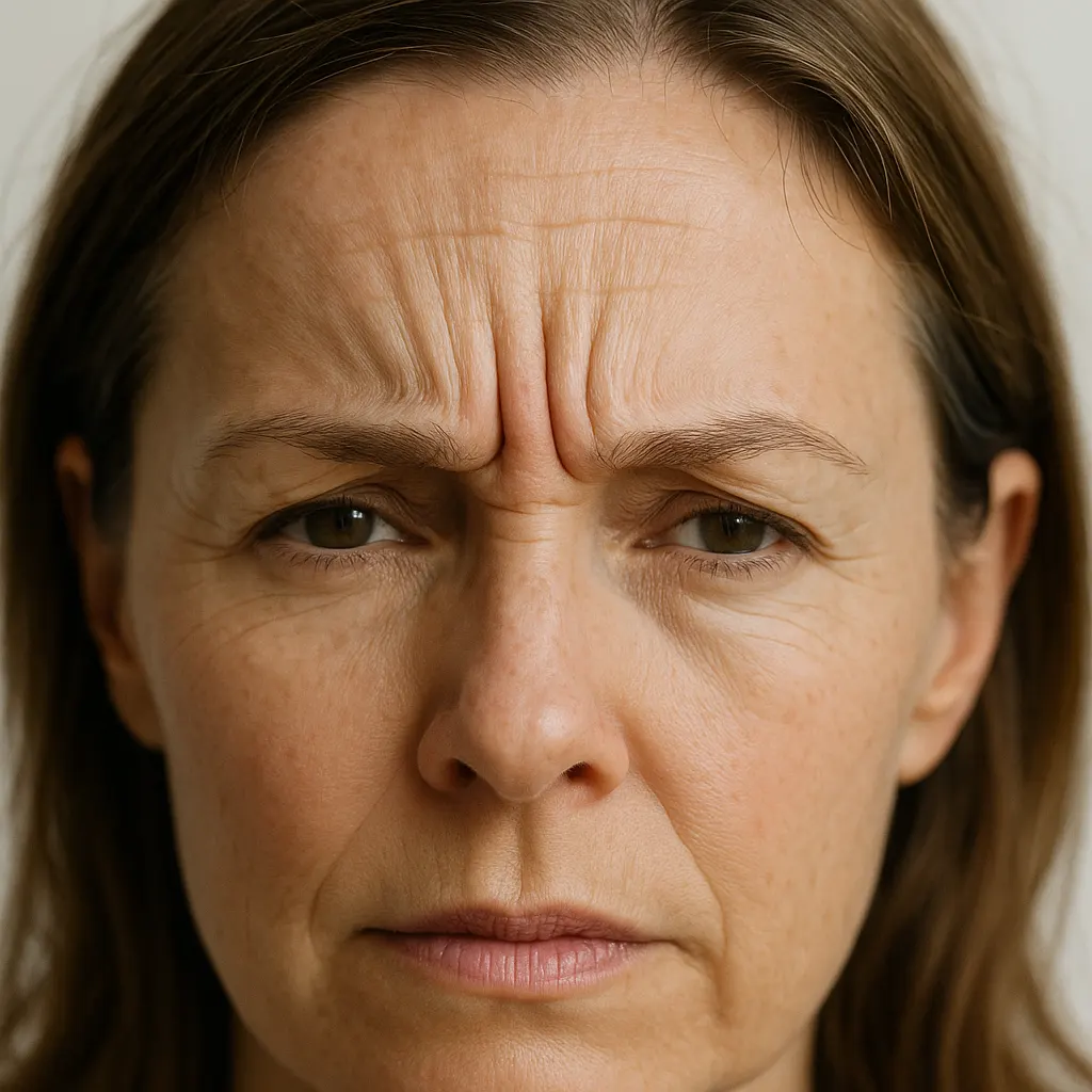 Natural-light close-up of forehead and glabella showing fine lines and wrinkles, unretouched and realistic