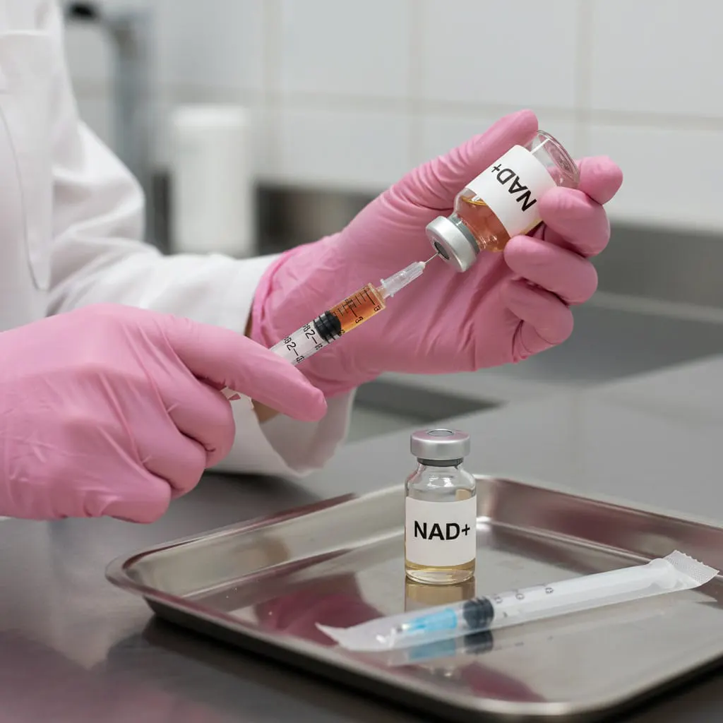 Nurse practitioner gently preparing an NAD+ injection at Express Med Spa La Grange, offering calm, supportive wellness care that boosts energy and vitality.