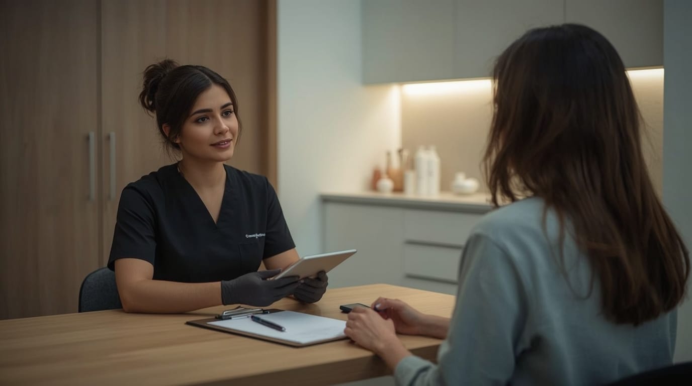 Smiling client with nurse practitioner showing post-treatment care at Express Med Spa clinic