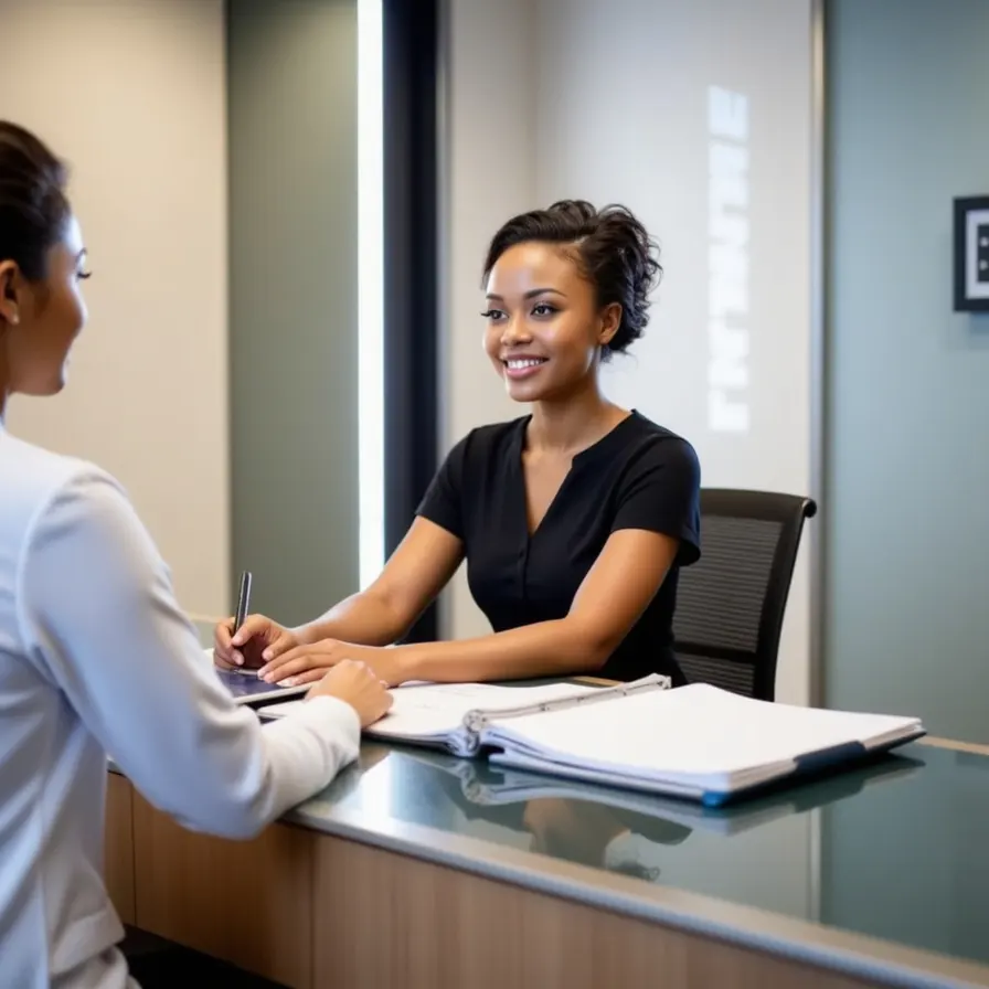 Patient coordinator managing front desk operations in modern medspa