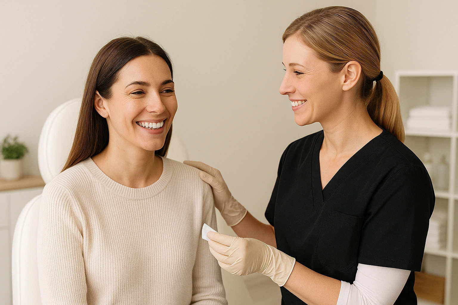 Smiling client with nurse practitioner showing post-treatment care at Express Med Spa clinic