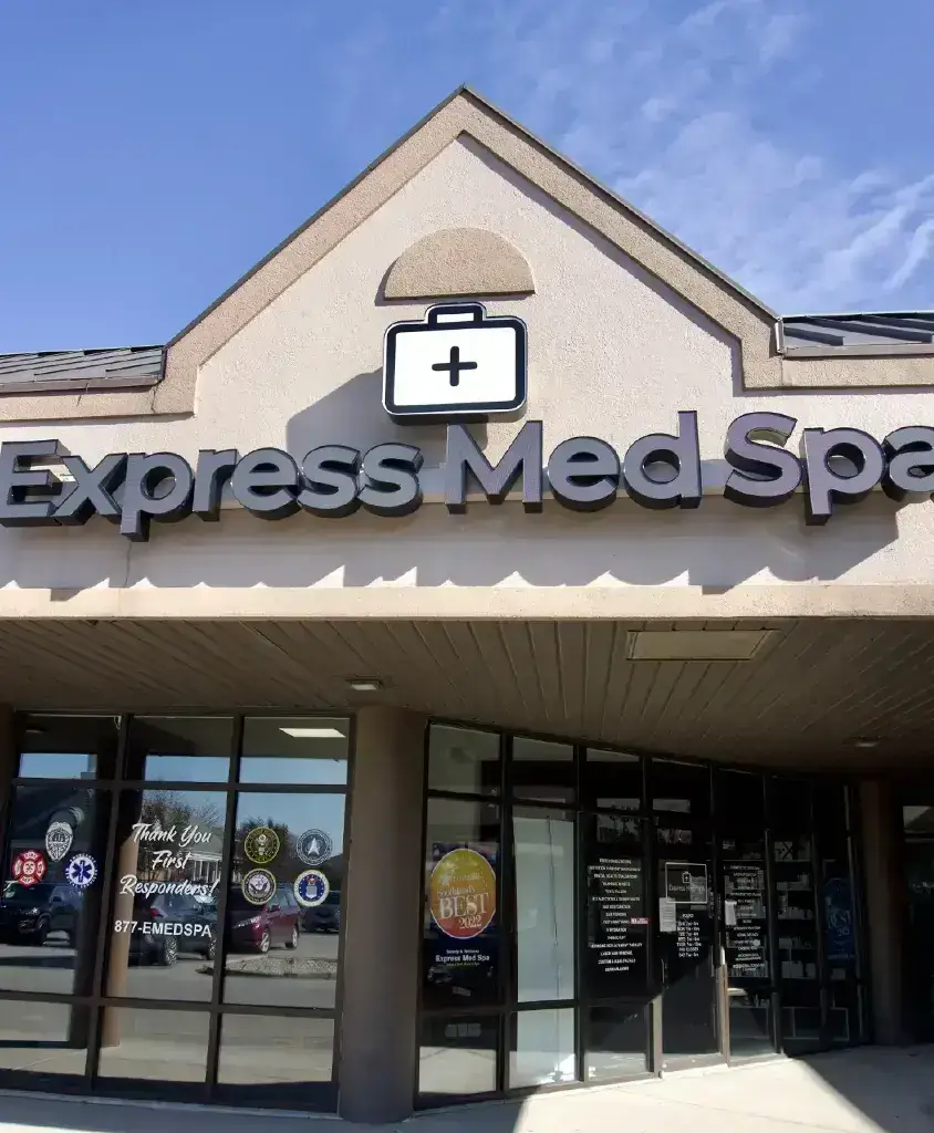 Storefront entrance and exterior sign of Express Med Spa in Shorewood, IL, the clinic serving Joliet.